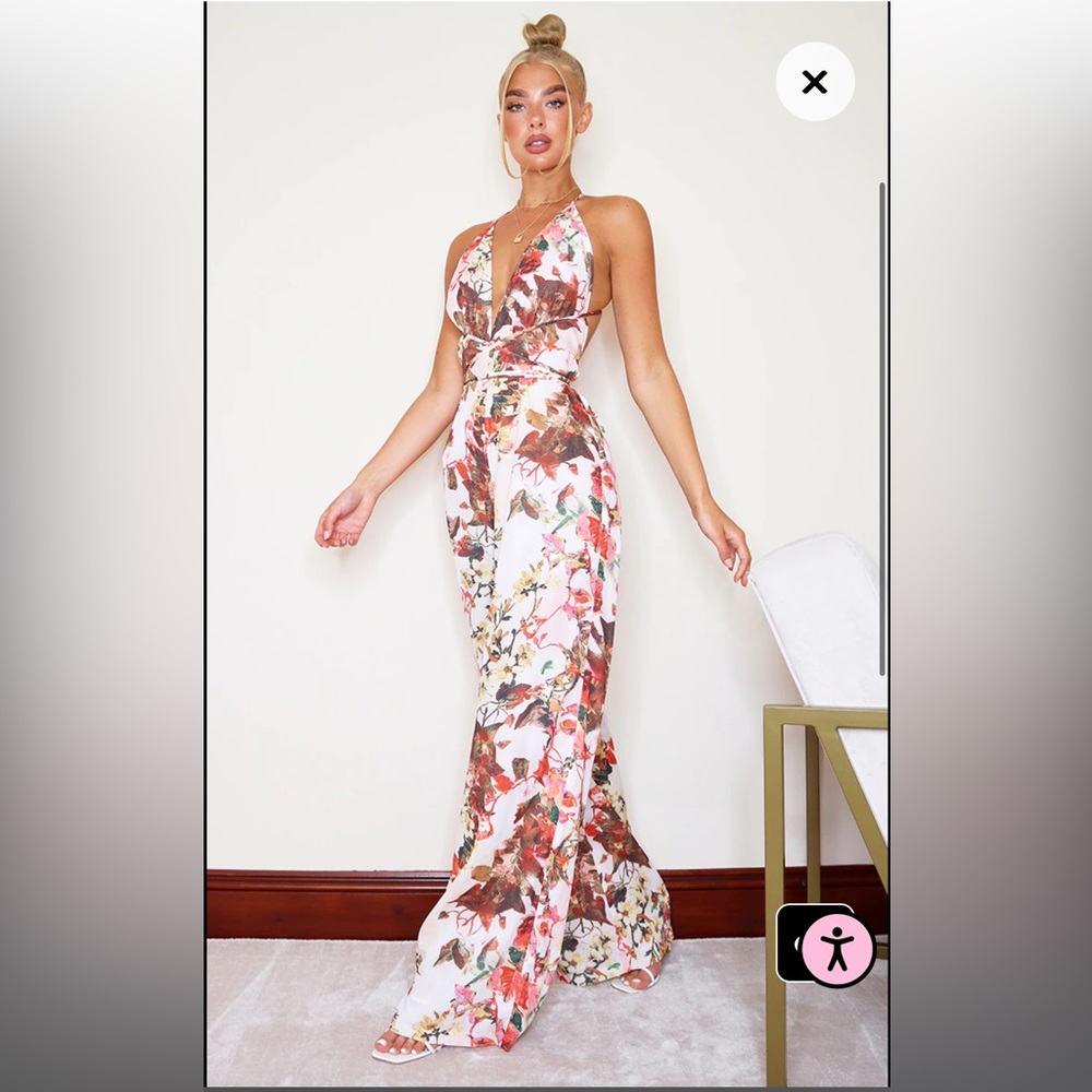 Multi Floral Print Halterneck Wide Leg Jumpsuit